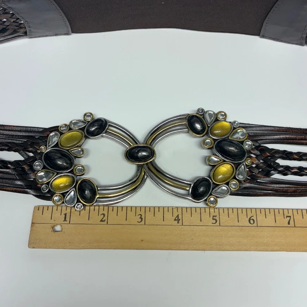 Vintage Chico's Braided‎ Brown Leather Belt Amber Black Cabochon Boho Statement
